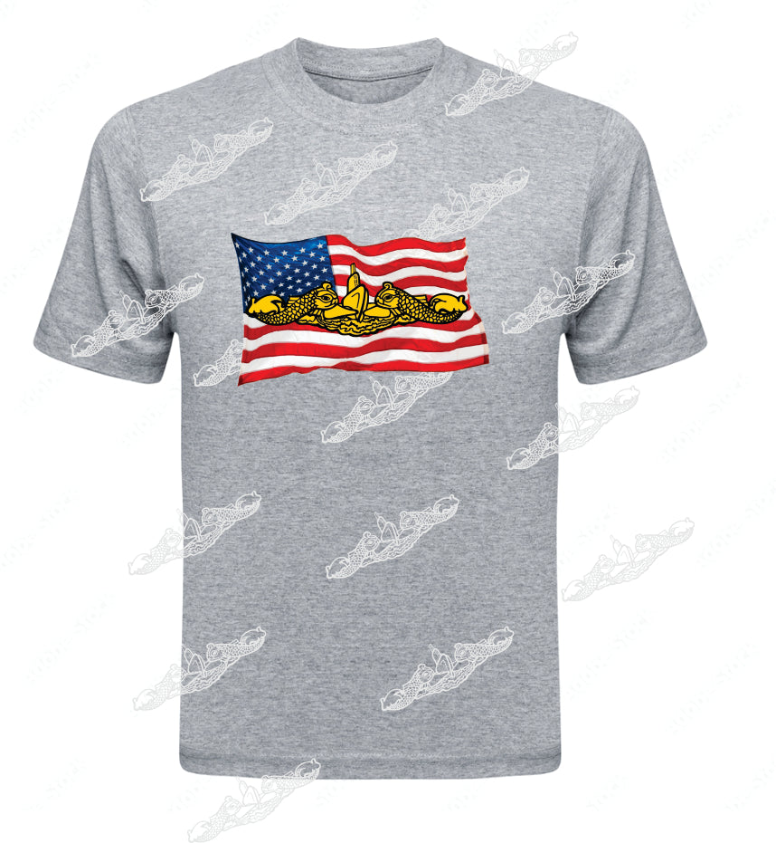 Flag and Dolphins Large on front Pick Silver or Gold below - Clothing