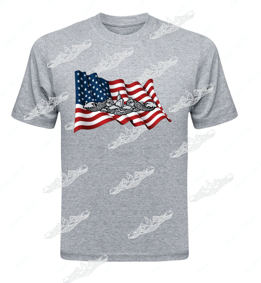 Flag and Dolphins Large on front Pick Silver or Gold below - Clothing